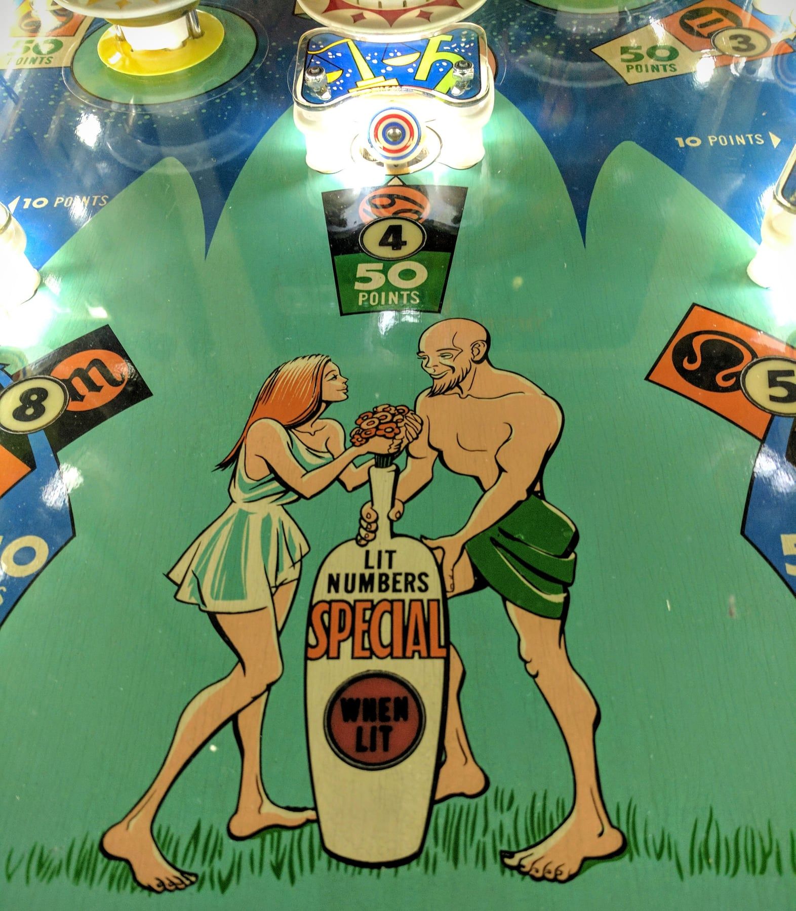 Blue Note music-themed pinball machine playfield, vintage illustration in warm amber tones